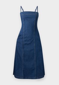Donkerblauw denimjurk met verstelbare spaghettibandjes, aansluitend lijfje en een uitlopende rok. Voorzien van gestikte naden en een rechte zoom.