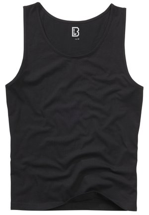Schwarzes Tanktop aus glattem Stoff, mit einem runden Ausschnitt und Armöffnungen, in einem schlichten Design ohne sichtbare Muster oder Akzente.