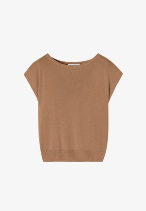 Brązowa bluzka z krótkim rękawem o szerokim dekolcie, wykonana z miękkiej dzianiny, charakteryzująca się luźnym krojem i prostym wykończeniem dołu.