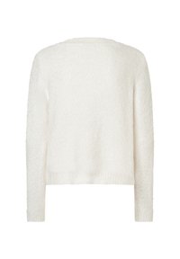 Pull blanc et duveteux à manches longues, col rond et coupe courte. La texture est douce avec un motif discret et irrégulier sur toute la surface.