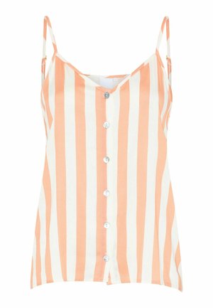 Ärmelloses V-Ausschnitt-Oberteil mit vertikalen orange-weißen Streifen, ausgestattet mit einer Knopfleiste vorne mit runden Knöpfen und einer lockeren Passform.