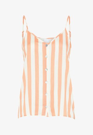 Varrukateta, V-kaelusega tops, millel on vertikaalsed oranžid ja valged triibud. Esiosal on nööbiplakk ümmarguste nööpidega ja lõdvestatud lõige.