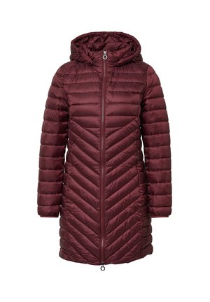 Bordeaux pufferjack met capuchon, voorzien van een chevron quiltpatroon, een voorkant ritssluiting en een verstelbaar trekkoord voor een gepersonaliseerde pasvorm.