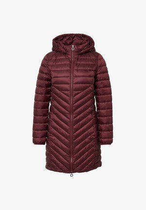 Burgunderfarbener Daunenmantel mit Kapuze, mit Chevron-steppdesign, durchgehendem Reißverschluss und verstellbarem Kordelzug für eine individuelle Passform.