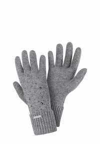 Grijze gebreide handschoenen met geribbelde manchetten, voorzien van een gestippeld patroon met zwarte accenten aan één kant. Zachte textuur, ontworpen voor warmte.