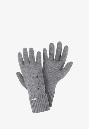 Szare dziergane rękawiczki z prążkowanymi mankietami, z wzorem z czarnych kropek po jednej stronie. Miękka faktura, zaprojektowane dla zapewnienia ciepła.