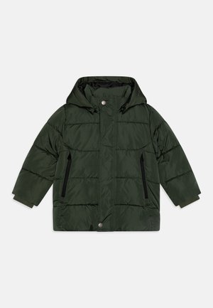 Dark green puffer jacket with a hood, featuring a zip and snap closure, side pockets, and horizontal stitching for insulation.