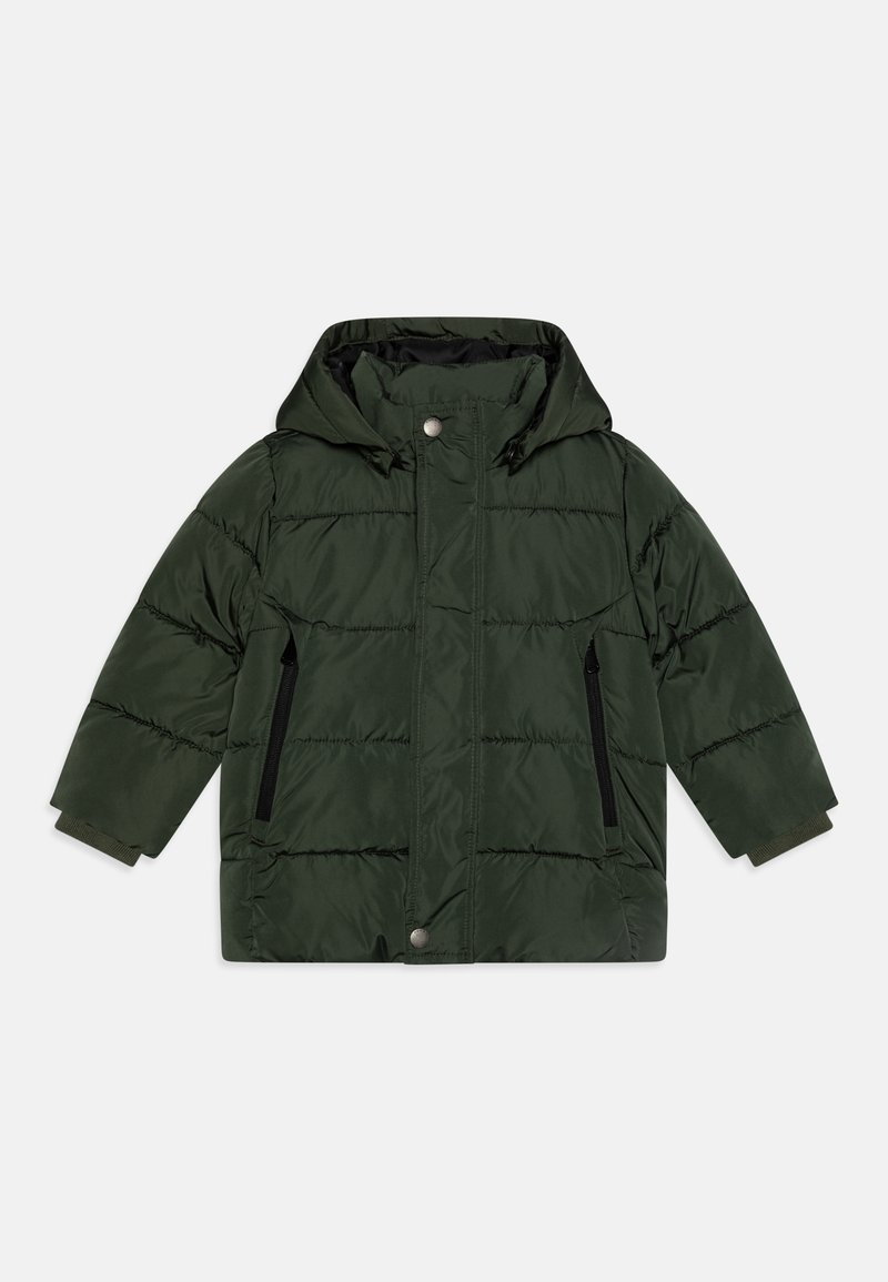 Dark green puffer jacket with a hood, featuring a zip and snap closure, side pockets, and horizontal stitching for insulation.