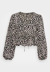 Blusa cropped preta com mangas bufantes longas, apresentando um padrão quadrado rosa e branco, decote em V e detalhe com cordão na cintura.