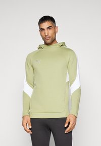 Groene hoodie met witte zijpanelen, gemaakt van zachte stof. Voorzien van een voorzak en een klein grijs logo op de borst.