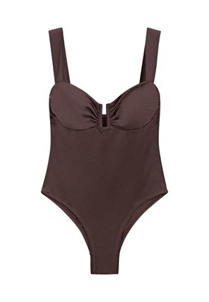Maillot de bain une pièce marron avec coques structurées, larges bretelles et petite découpe centrale sous la poitrine.