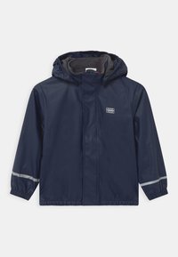 Navy blue waterproof jacket with hood, front zipper, elastic cuffs with reflective strips, and a small reflective logo on the chest.