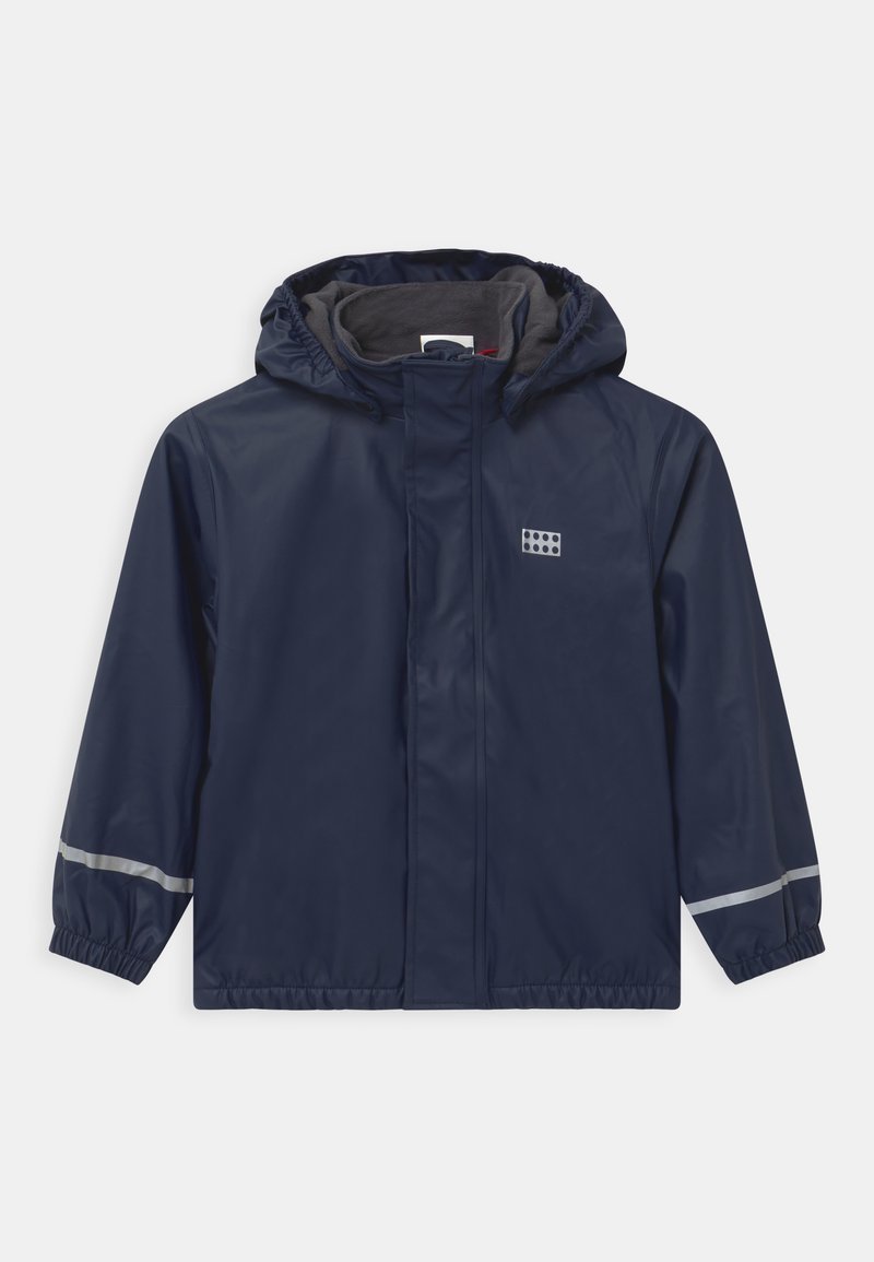 Navy blue waterproof jacket with hood, front zipper, elastic cuffs with reflective strips, and a small reflective logo on the chest.