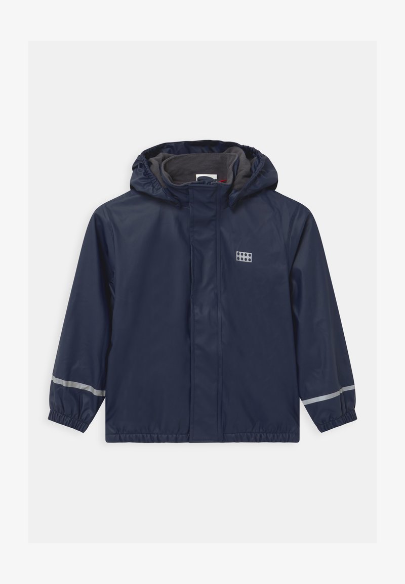 Navy blue waterproof jacket with hood, front zipper, elastic cuffs with reflective strips, and a small reflective logo on the chest.