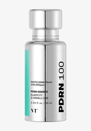 Bouteille argentée avec un capuchon rond, arborant une étiquette turquoise. Le texte indique "PDRN 100" et "PDRN ESSENCE élasticité & soin des rides." 30 mL.