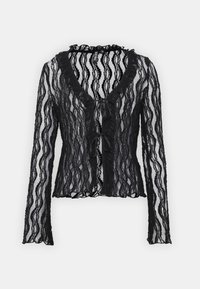 Svart spetskofta med långa ärmar, med ett vågigt mönster, scallopade kanter och en knappstängning framtill. Lätt material.