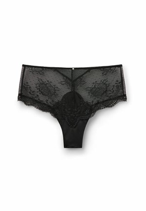 Ropa interior de encaje negro con un patrón floral, superposición de malla transparente y parte trasera sólida con un borde decorativo de encaje y un pequeño adorno central.
