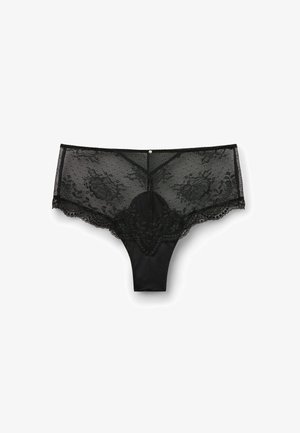 Sous-vêtements en dentelle noire avec un motif floral, un revêtement en tulle transparent, un dos uni orné d'une bordure en dentelle décorative et d'un petit embellissement central.