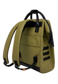 Sac à dos en tissu vert avec des accents noirs, bretelles ajustables, poignée supérieure, poche zippée et trois boucles de fixation latérales.