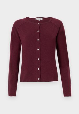 Burgunderfarget cardigan laget av mykt strikkemateriale, med rund hals, lange ermer og knappeåpning med hvite knapper.
