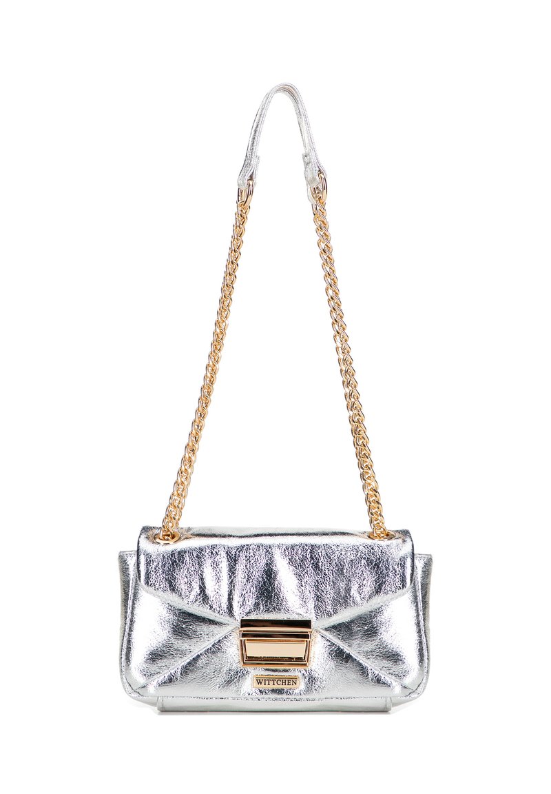 Silver metallic handbag with chain strap, featuring a fold-over flap, gold-tone hardware, and a central clasp with brand logo detail.
