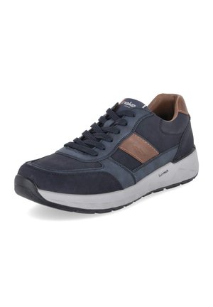 Scarpa da ginnastica blu scuro e marrone con lacci, suola bianca e ammortizzazione Foamtech, inclinata per mostrare dettagli laterali e frontali.