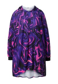 Paarse en roze gemarmerde hoodie met een losse pasvorm, lange mouwen, een verstelbare trekkoordkap en ribgebreide manchetten. Soepele textuur.