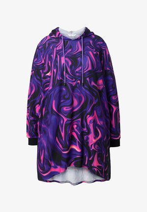 Paarse en roze gemarmerde hoodie met een losse pasvorm, lange mouwen, een verstelbare trekkoordkap en ribgebreide manchetten. Soepele textuur.
