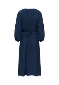 Robe midi bleu marine à manches longues avec lien cintré à la taille, détail dos avec ouverture en clé et manches légèrement bouffantes.