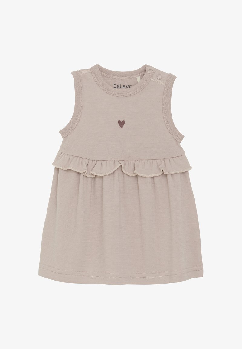 Ärmelloses, pastellrosa Kleid aus weichem Stoff, mit einem Rüschensaum in der Taille und einem kleinen Herzdetail in der Mitte.