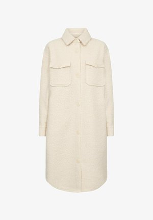 Lange crèmekleurige jas met knopen, gemaakt van een textuurstof, met kraag, lange mouwen en twee borstzakken met knopen.
