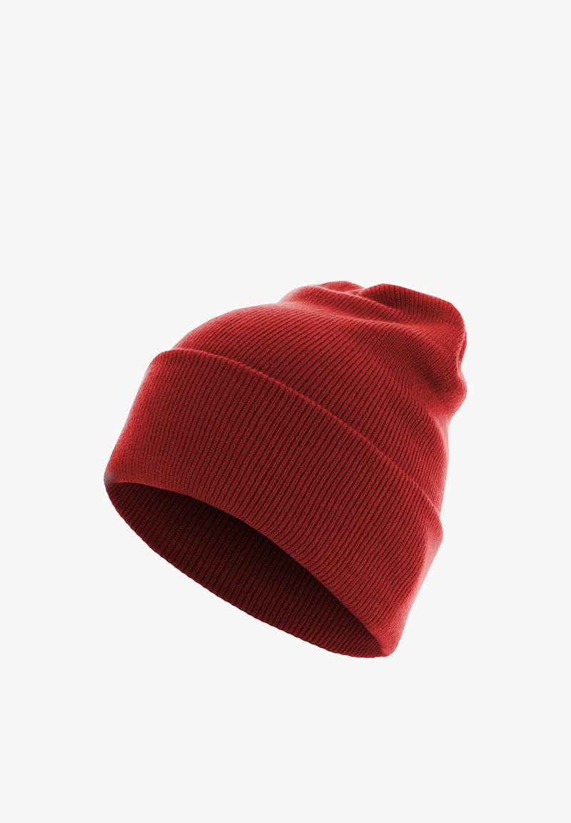 Bonnet rouge tricoté avec revers plié, présenté sur un fond blanc.