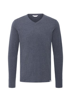 Donkergrijze langemouwen V-hals shirt gemaakt van zachte stof; heeft een minimale merklabel aan de zoom, een gladde textuur en een klassieke pasvorm.