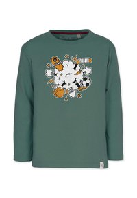 Grön långärmad t-shirt i bomull med ett grafiskt mönster som har sportikoner, moln och blixtdetaljer i vitt, orange och svart.