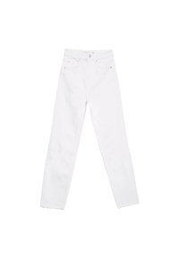 Bílé džíny s vysokým pasem, rovnými nohavicemi, pěti kapsami a ozdobným lemem. Vyrobeny z odolné denimu, s knoflíkovým a zipovým zapínáním.