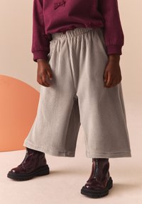 Graue Corduroy-Hose mit weitem Bein und elastischem Bund, kombiniert mit glänzenden, burgunderfarbenen Reißverschluss-Stiefeletten. Die Umgebung zeigt sanfte Pastellfarben.