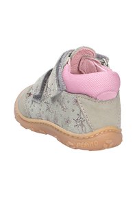 Grau Wildlederschuh für Kinder mit rosa Akzenten, floralem Muster, Klettverschluss und Gummisohle. Weiches Material und gepolsterter Schaft.
