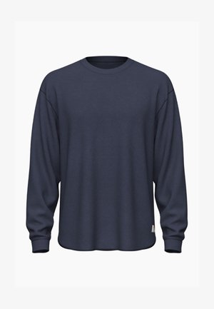 Navy long-sleeve sweatshirt made of textured fabric, featuring a crew neckline, relaxed fit, and ribbed cuffs. Smooth finish at the hem.