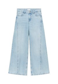 Svetlo modri široki jeans iz denima, s visokim pasom, velikimi stranskimi šivi in ravnim krojem z robom brez obdelave.