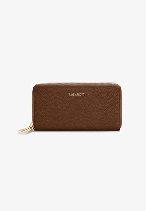 Brown leather wallet with a textured finish, featuring a gold zipper and hardware. The brand name "LAZAROTTI" is embossed on the front.