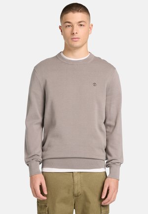 Giovane uomo che indossa un maglione grigio chiaro girocollo sopra una camicia bianca con pantaloni cargo verde oliva, in piedi davanti a uno sfondo chiaro uniforme.