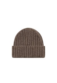 Brączowa dzianinowa czapka beanie o prążkowanej fakturze, z zaprasowanym mankietem. Wykonana z miękkiego, ciepłego materiału z subtelnymi drobinkami jako detal.