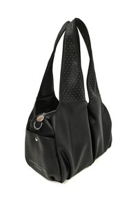 Borsa a tracolla in pelle nera con dettagli borchiati, due ampi manici, chiusura superiore con cerniera e finitura testurizzata. Presenta un dettaglio in metallo argentato.