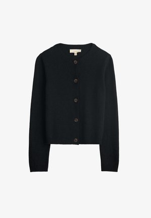 Cardigan noir à manches longues en maille avec col rond et cinq boutons marron devant, poignets et ourlet côtelés.