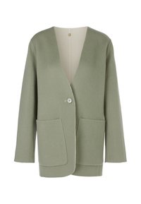 Hellgrüner, übergroßer Wollcardigan mit tiefem V-Ausschnitt, zwei Fronttaschen und einem einzigen Knopfverschluss. Weiche Textur, minimales Design.