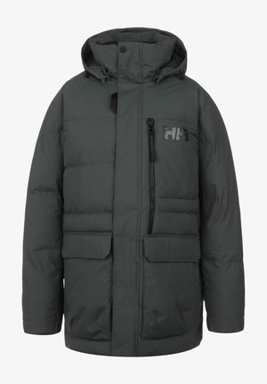 Padded Jacke in Dunkelgrün. Verfügt über eine Kapuze, einen Frontreißverschluss, Seiten Taschen und ein Logodetail. Glatte Textur mit gestepptem Design.