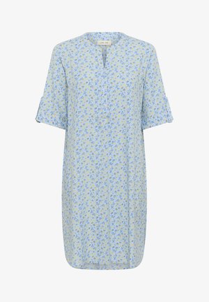 Heledad sinine kleit, millel on siniste ja kollaste lillede muster. Omab sisselõigatud krae, nööbist eesmine ja lühikesed rullatud varrukad.