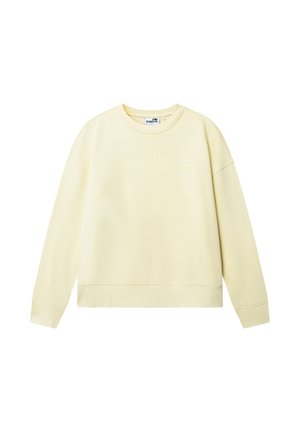 Jasnożółta bluza z długim rękawem i okrągłym dekoltem, z prążkowanymi mankietami i dołem, małe logo na piersi, prezentowana na białym tle.