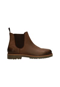 Bruine leren Chelsea-boot met elastische zijkanten, ronde neus, bruine rubberen zool en een lus aan de achterkant voor gemakkelijk aan- en uittrekken.