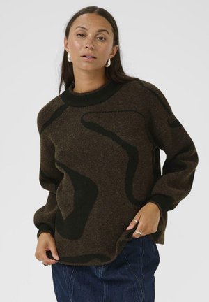 Brown knit sweater with black abstract pattern, ribbed neckline and cuffs, long sleeves, soft texture, and loose fit.